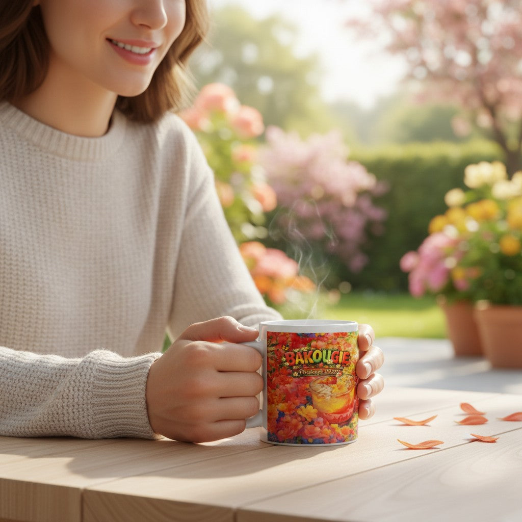 Personne tenant un mug blanc fumant avec un visuel floral coloré et le texte BAKOUGIE, posé sur une table en bois dans un jardin fleuri