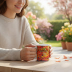 Personne tenant un mug blanc fumant avec un visuel floral coloré et le texte BAKOUGIE, posé sur une table en bois dans un jardin fleuri