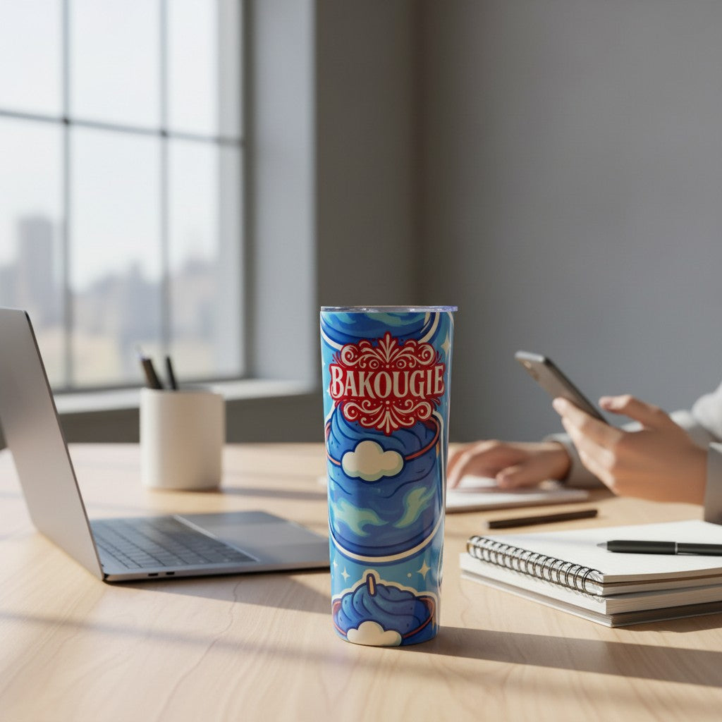 Tumbler blanc avec decor bleu BAKOUGIE pose sur un bureau clair pres d un ordinateur portable, d un carnet spiral et d un smartphone dans un interieur lumineux