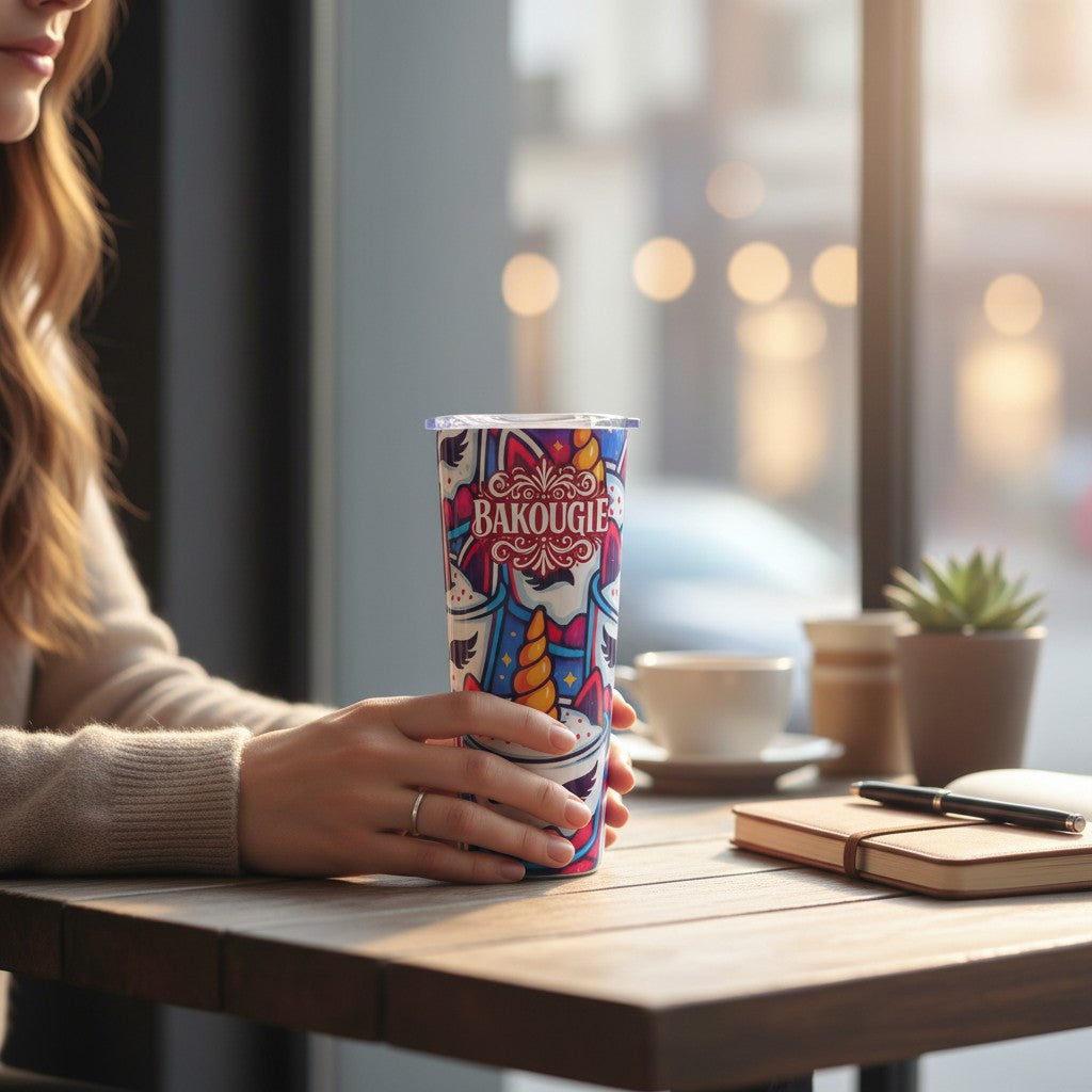 Main tenant un tumbler blanc avec decor colore BAKOUGIE, pose sur une table en bois avec un carnet, un stylo, une tasse sur soucoupe et une petite plante dans un interieur lumineux