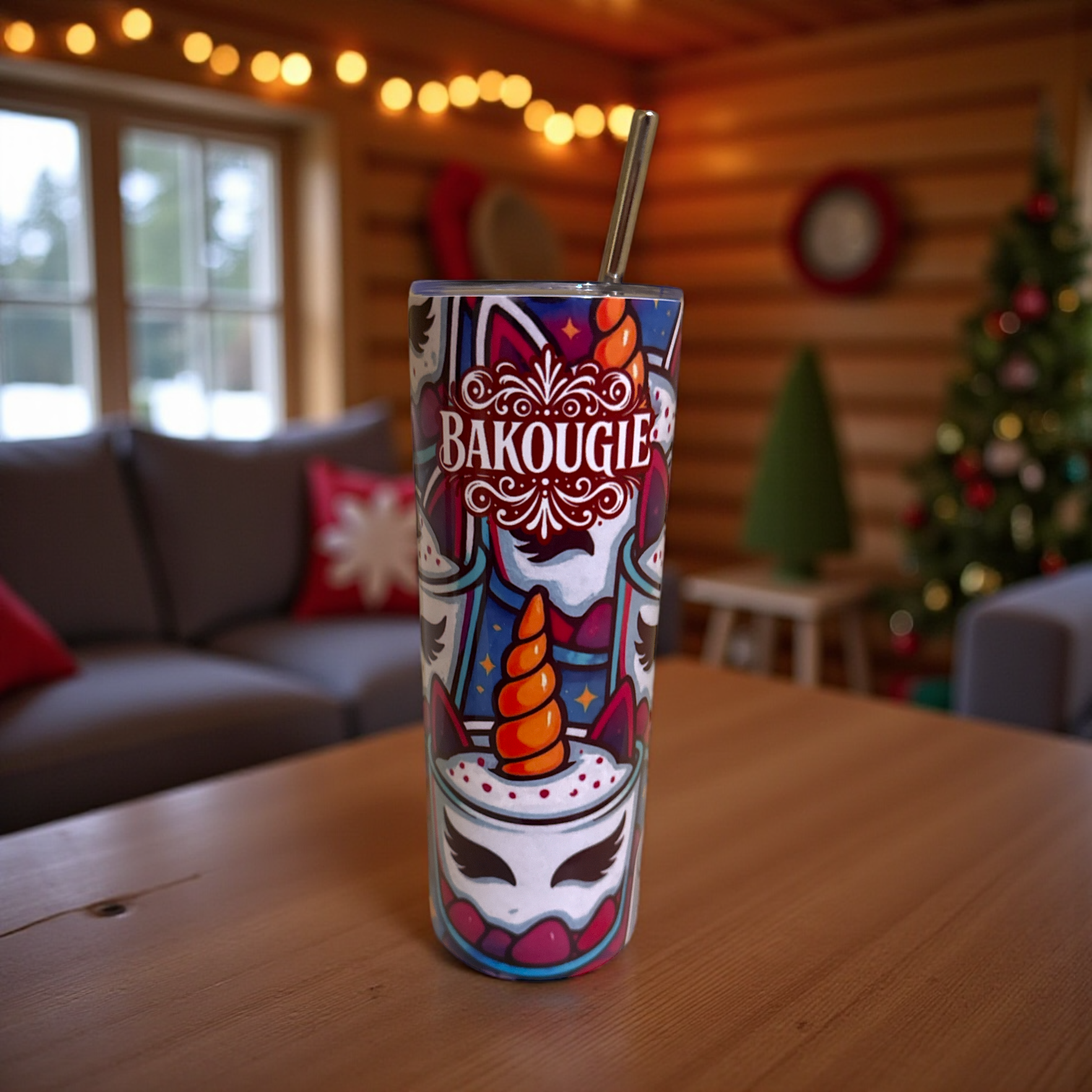 Tumbler blanc avec decor colore BAKOUGIE sur le theme licorne et paille metallique, pose sur une table en bois dans un interieur chaleureux avec canape, guirlande lumineuse et sapin de Noel flous