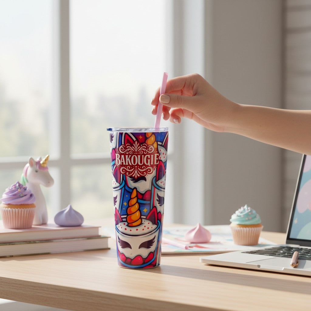 Main tenant une paille rose dans un tumbler blanc avec decor colore BAKOUGIE sur le theme licorne, pose sur un bureau clair avec figurine de licorne, cupcakes, ordinateur portable et accessoires pastel