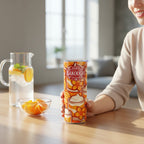 Main tenant un tumbler blanc avec decor orange et logo BAKOUGIE, pose sur une table en bois a cote d une carafe avec rondelles d agrume et d un bol de quartiers d orange