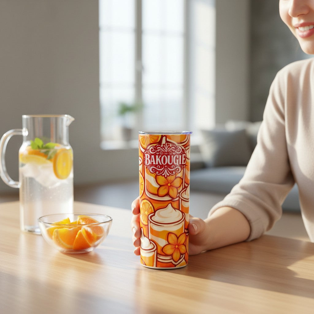 Main tenant un tumbler blanc avec decor orange et logo BAKOUGIE, pose sur une table en bois a cote d une carafe avec rondelles d agrume et d un bol de quartiers d orange