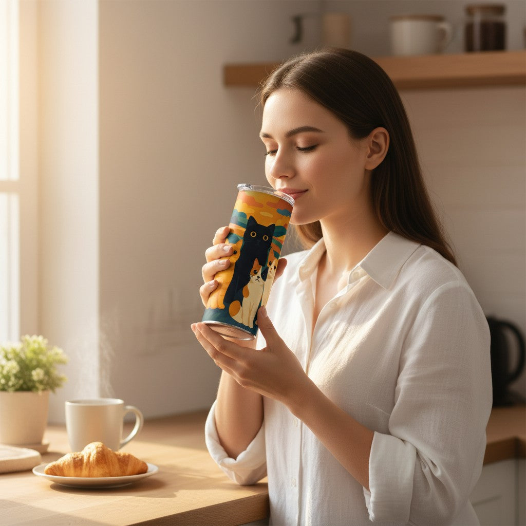 Personne tenant un tumbler blanc avec une illustration coloree de chats, dans une cuisine lumineuse, avec un croissant sur une assiette, une tasse blanche et une petite plante