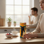 Tumbler blanc avec une illustration coloree de chats, pose sur une table claire a cote d une tasse blanche fumante et d un bol de fruits rouges, dans un interieur lumineux