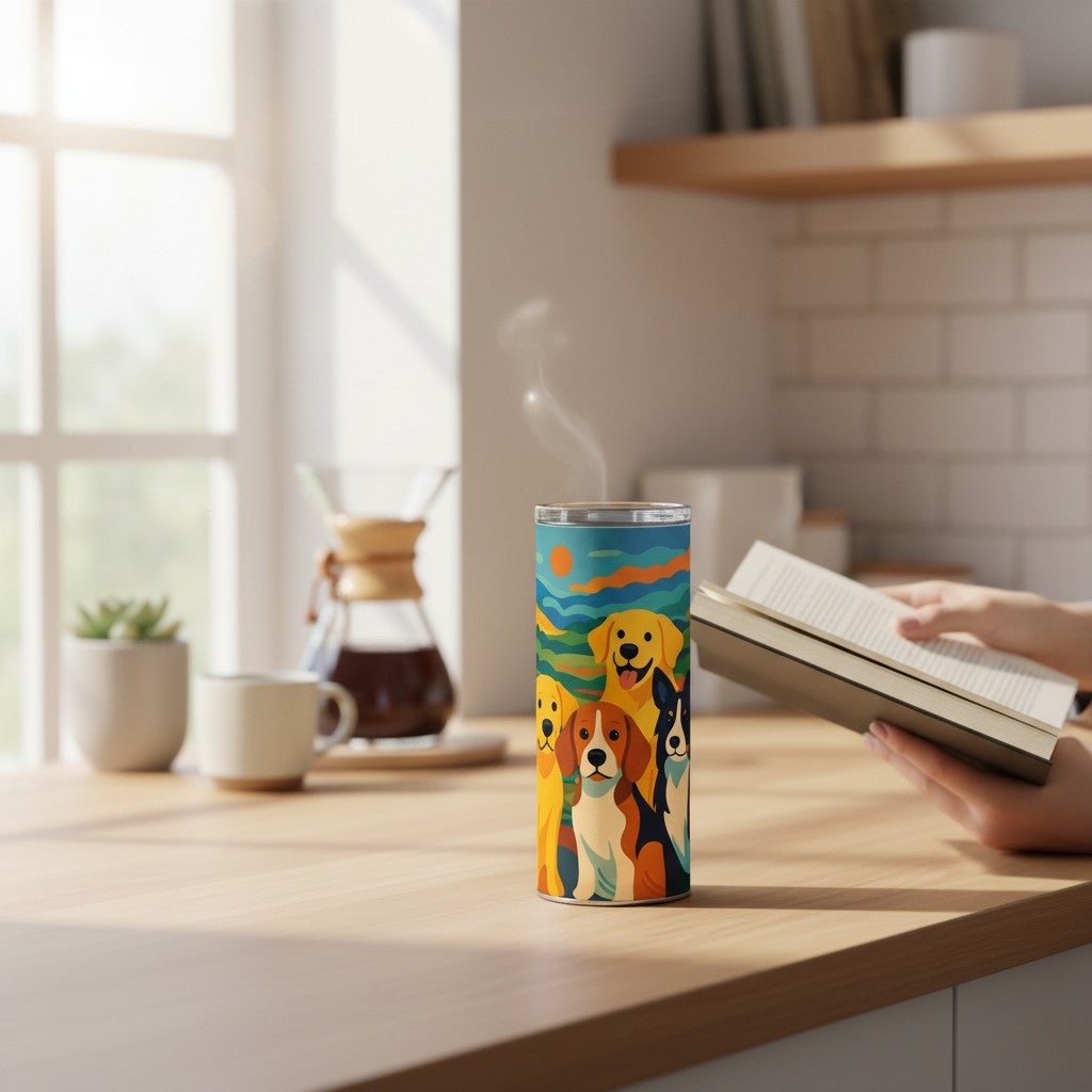 Tumbler blanc avec couvercle transparent et illustration coloree de plusieurs chiens, pose sur un plan de travail en bois dans une cuisine lumineuse, avec de la vapeur visible et une personne tenant un livre