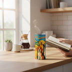 Tumbler blanc avec couvercle transparent et illustration coloree de plusieurs chiens, pose sur un plan de travail en bois dans une cuisine lumineuse, avec de la vapeur visible et une personne tenant un livre