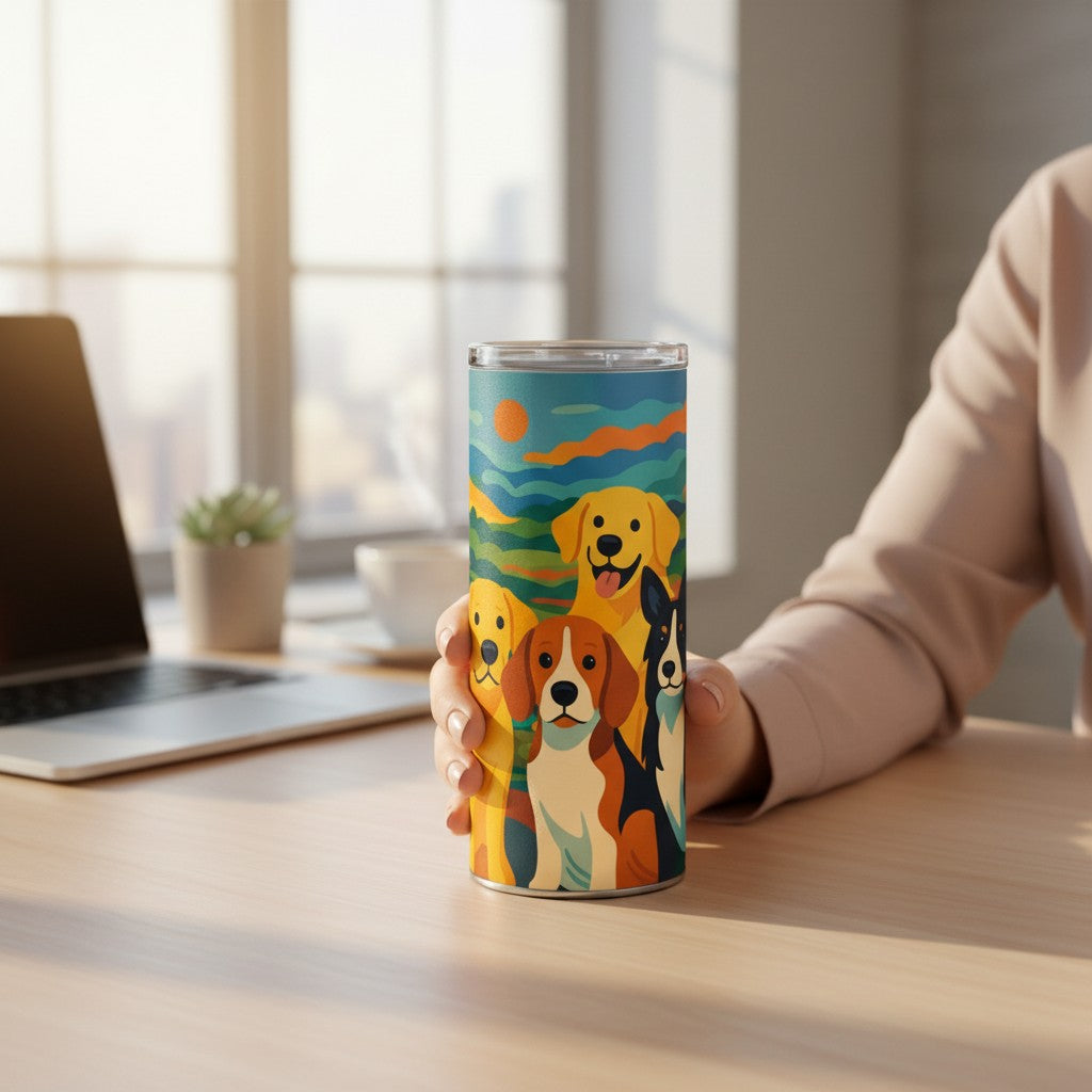 Main tenant un tumbler blanc avec couvercle transparent et illustration coloree de plusieurs chiens, pose sur un bureau clair pres d un ordinateur portable dans un interieur lumineux