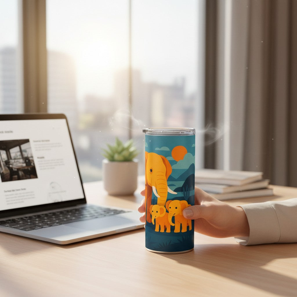 Main tenant un tumbler blanc avec une illustration coloree d un elephant et de deux petits elephants, pose sur un bureau clair pres d un ordinateur portable, d une petite plante et de livres