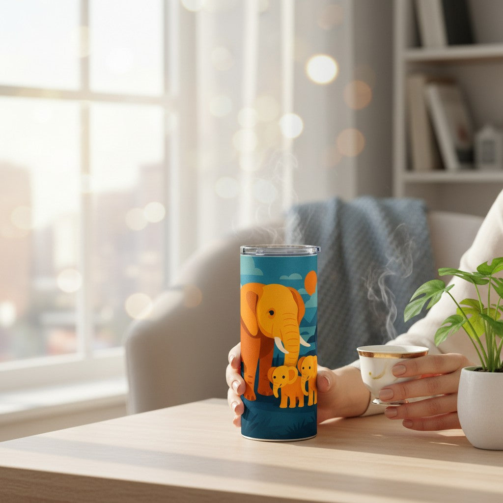 Main tenant un tumbler blanc avec une illustration colorée d un éléphant et de deux petits éléphants, posé sur une table claire à côté d une petite tasse fumante et d une plante, dans un intérieur lumineux