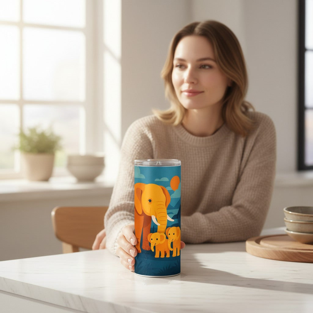 Personne assise derriere un tumbler blanc avec couvercle transparent et illustration coloree d un elephant et de deux petits elephants, pose sur une table claire dans un interieur lumineux