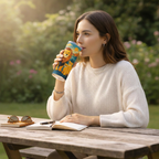 Personne tenant un tumbler blanc avec une illustration coloree de lion et de lionceaux, assise a une table en bois en exterieur avec un carnet ouvert, un stylo et des lunettes de soleil