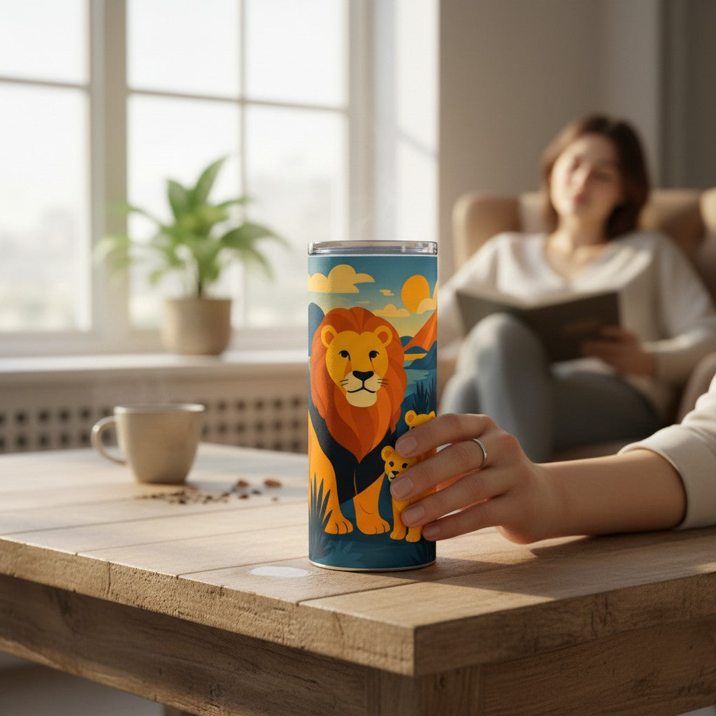 Tumbler blanc avec couvercle transparent et illustration coloree de lion et de lionceau, pose sur une table en bois et tenu par une main, dans un interieur lumineux avec une personne lisant en arriere-plan