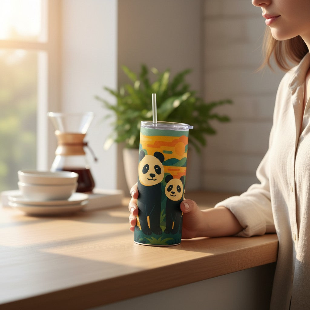 Personne tenant un tumbler blanc avec une illustration coloree de deux pandas, sur un plan de travail en bois dans une cuisine lumineuse, avec une carafe en verre, des bols empiles et une plante en arriere-plan