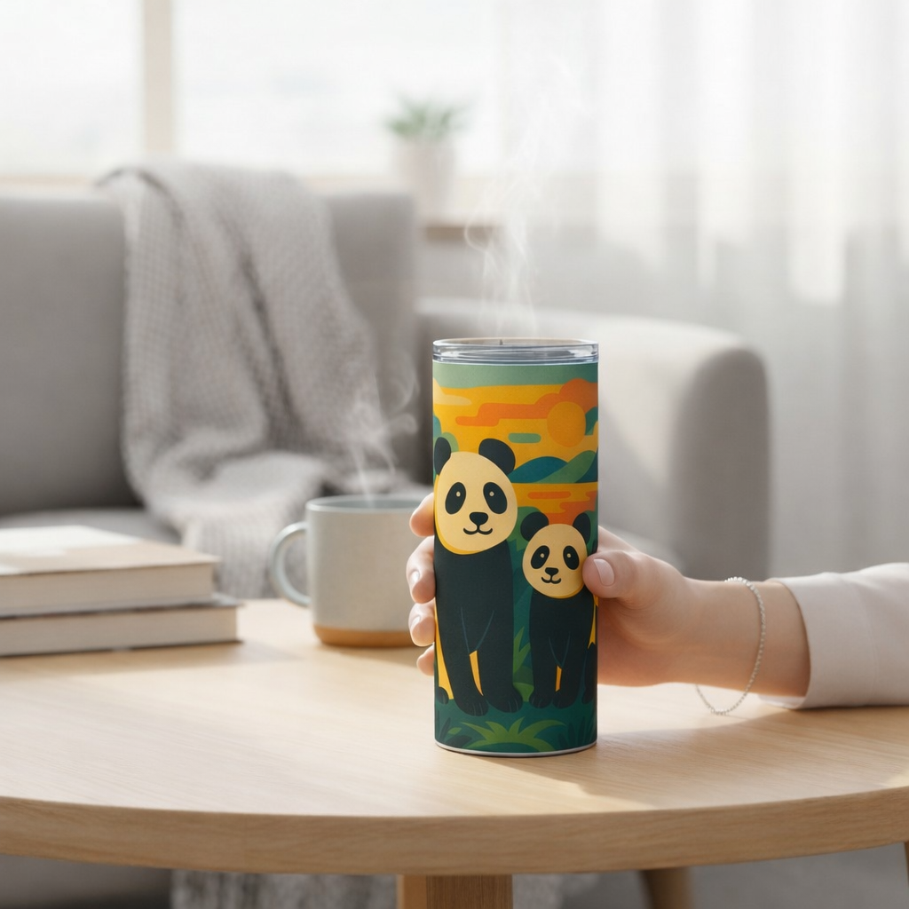 Main tenant un tumbler blanc avec une illustration coloree de deux pandas, pose sur une table ronde dans un interieur lumineux avec de la vapeur visible, des livres et une tasse en arriere plan
