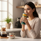 Personne tenant un tumbler blanc avec une illustration coloree de pandas, dans une cuisine lumineuse, avec une carafe a cafe en verre, une tasse claire et un bol de cereales aux fruits rouges