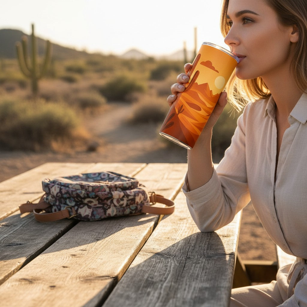 Personne tenant un tumbler blanc avec une illustration de paysage desertique orange, assise a une table en bois en exterieur dans un decor aride avec cactus