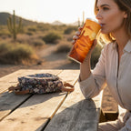Personne tenant un tumbler blanc avec une illustration de paysage desertique orange, assise a une table en bois en exterieur dans un decor aride avec cactus