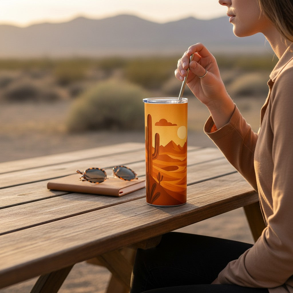 Personne assise en exterieur tenant la paille d un tumbler blanc avec une illustration de paysage desertique orange, pose sur une table en bois avec des lunettes de soleil et un carnet