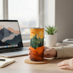 Main tenant un tumbler avec une illustration de paysage de montagne, avec de la vapeur visible, pose sur un dessous de verre sur un bureau clair pres d un ordinateur portable, d une plante et d un carnet