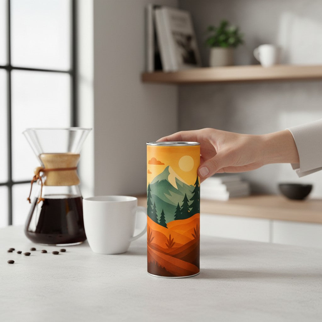 Main tenant un tumbler avec une illustration de paysage de montagne, pose sur un plan de travail clair a cote d une cafetiere en verre, d une tasse blanche et de grains de cafe