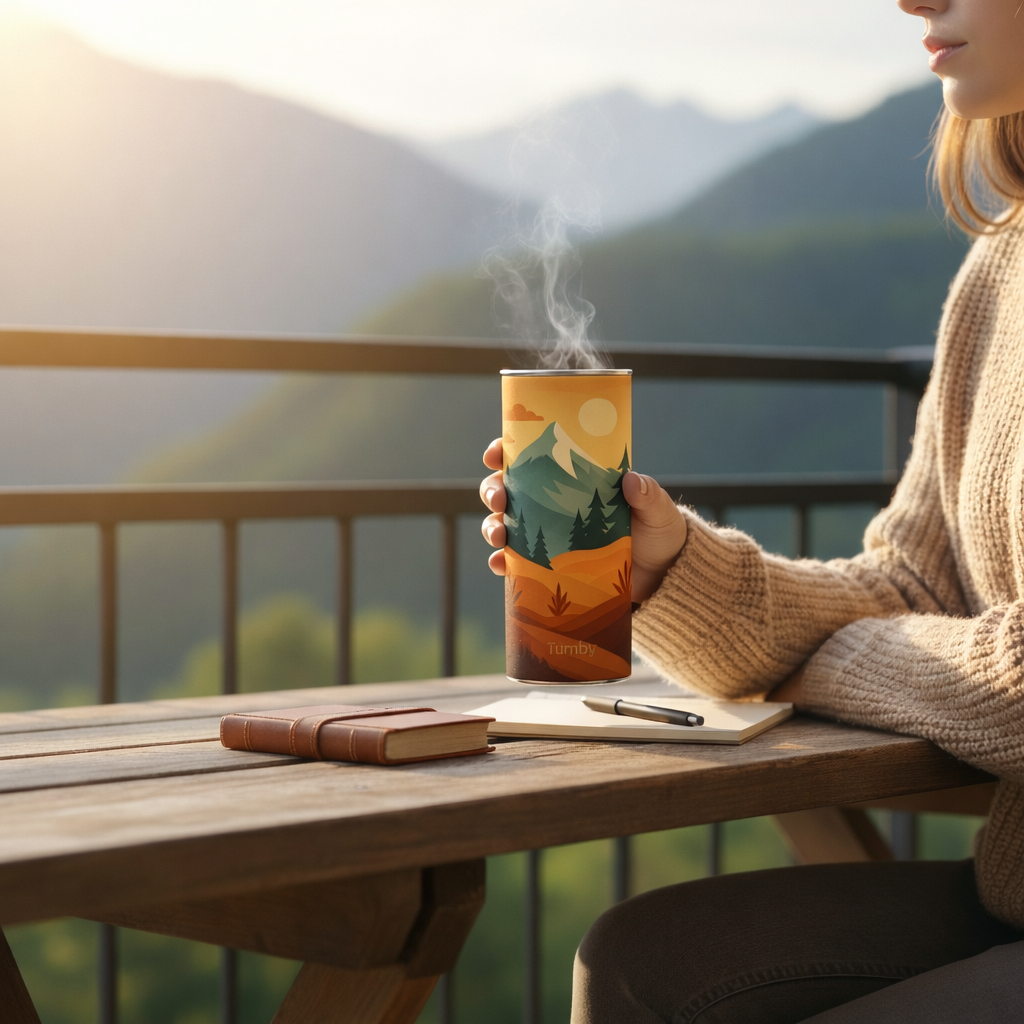 Personne tenant un tumbler avec une illustration de paysage de montagne, avec de la vapeur visible, sur une table en bois en exterieur avec un carnet et un stylo, devant des montagnes