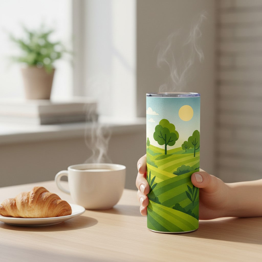 Main tenant un tumbler blanc avec une illustration de paysage vert, pose sur une table claire avec un croissant sur une assiette et une tasse fumante dans un interieur lumineux