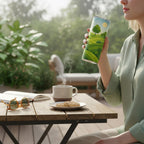 Personne tenant un tumbler blanc avec une illustration de paysage vert, assise en extérieur près d’une table en bois avec une tasse fumante, une assiette de biscuits, un livre ouvert et des lunettes de soleil