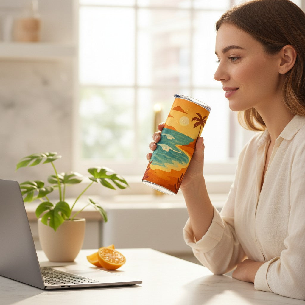 Personne tenant un tumbler blanc avec une illustration de plage tropicale, assise a un bureau clair pres d un ordinateur portable, d une plante en pot et d un agrume coupe
