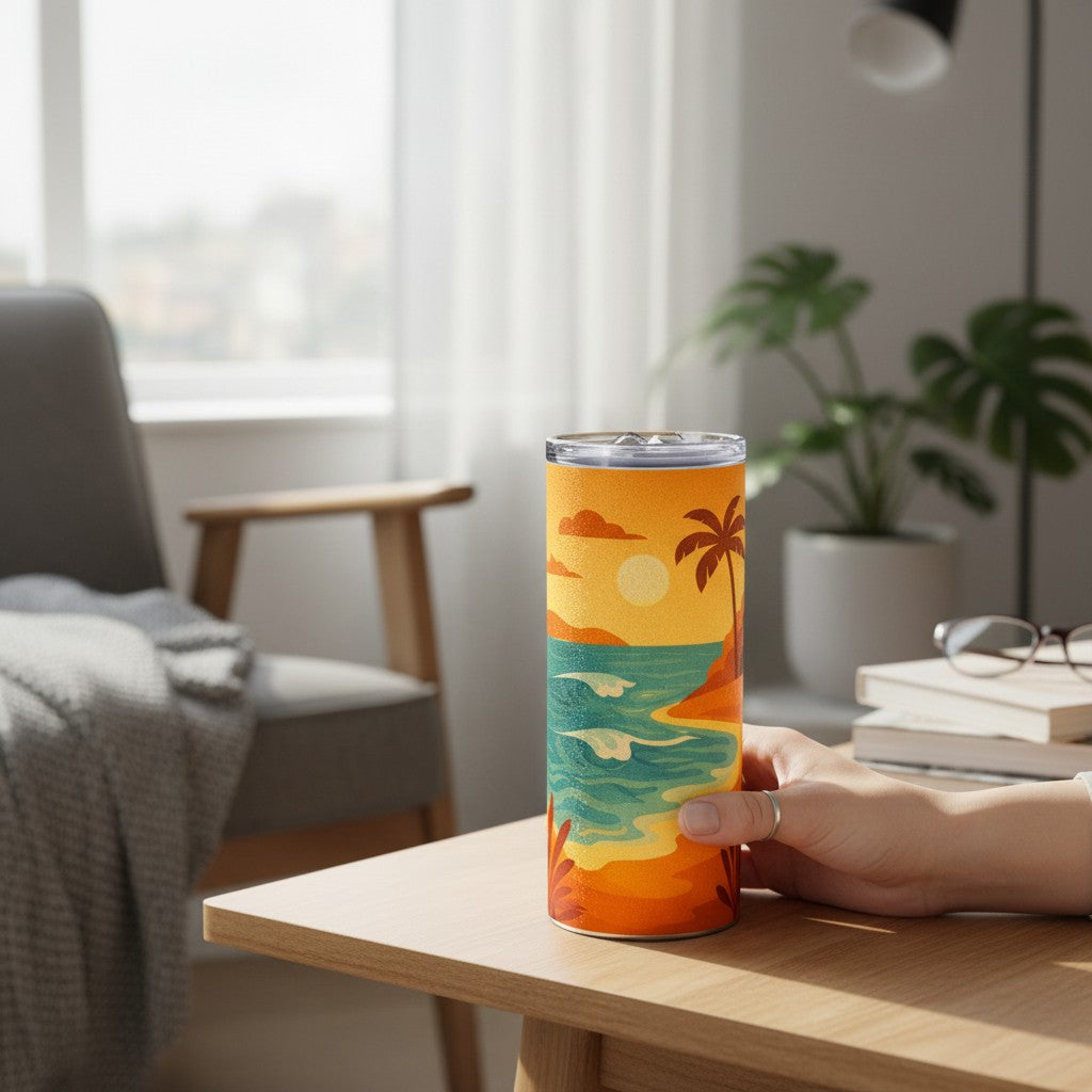 Main tenant un tumbler blanc avec couvercle transparent et illustration de plage tropicale, pose sur une table claire dans un interieur lumineux avec fauteuil, plante et livres