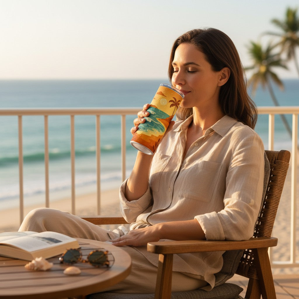 Personne assise en exterieur tenant un tumbler blanc avec une illustration de plage tropicale, devant la mer, avec une table ronde, un livre ouvert, des lunettes de soleil et des coquillages