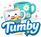 Logo Tumby avec deux mugs illustrés : un mug blanc souriant avec un arc-en-ciel et un mug turquoise à fleurs, entourés de petites étoiles décoratives.